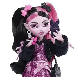 Monster High JHK29 - Poupée Draculaura et son animal prête pour l'école avec 7 accessoires, robe rose et veste noire