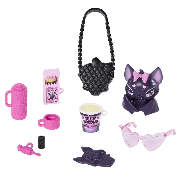 Monster High JHK29 - Poupée Draculaura et son animal prête pour l'école avec 7 accessoires, robe rose et veste noire