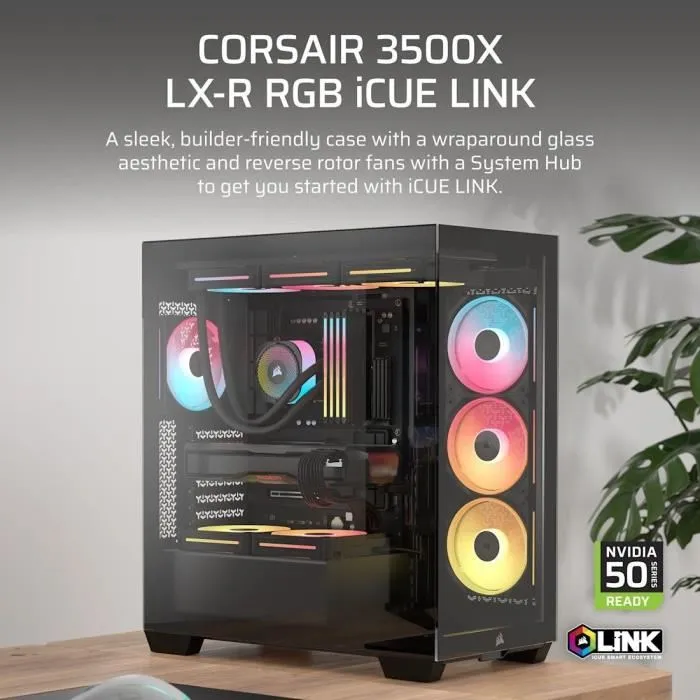 Corsair 3500X LXR LINK Boîtier PC Mid-Tower Noir avec Verre Trempé - 3 Ventilateurs RGB à Rotor Inversé iCUE LINK - Compatible Refroidissement 360mm
