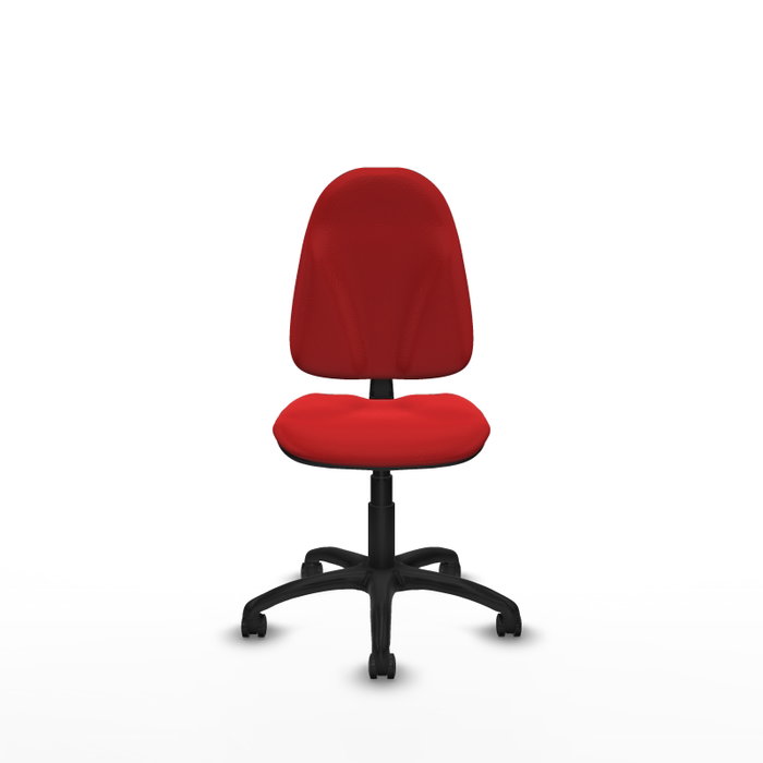 Chaise de bureau Algarra avec mécanisme de contact permanent de base, revêtue de similicuir rouge. Équipée d'un piètement en polyamide noir, sans accoudoirs et de roulettes autobloquantes Chaise de bureau Algarra avec mécanisme de contact permanent de base, revêtue de similicuir rouge. Équipée d'un piètement en polyamide noir, sans accoudoirs et de roulettes autobloquantes