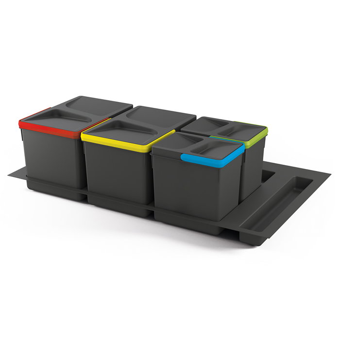 Emuca Kit poubelle de tri sélectif pour tiroir de cuisine avec socle Recycle hauteur 216mm, 2x12litres, 2x6litres, module 900mm, Plastique gris antracite Emuca Kit poubelle de tri sélectif pour tiroir de cuisine avec socle Recycle hauteur 216mm, 2x12litres, 2x6litres, module 900mm, Plastique gris antracite