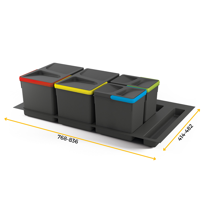 Emuca Kit poubelle de tri sélectif pour tiroir de cuisine avec socle Recycle hauteur 216mm, 2x12litres, 2x6litres, module 900mm, Plastique gris antracite