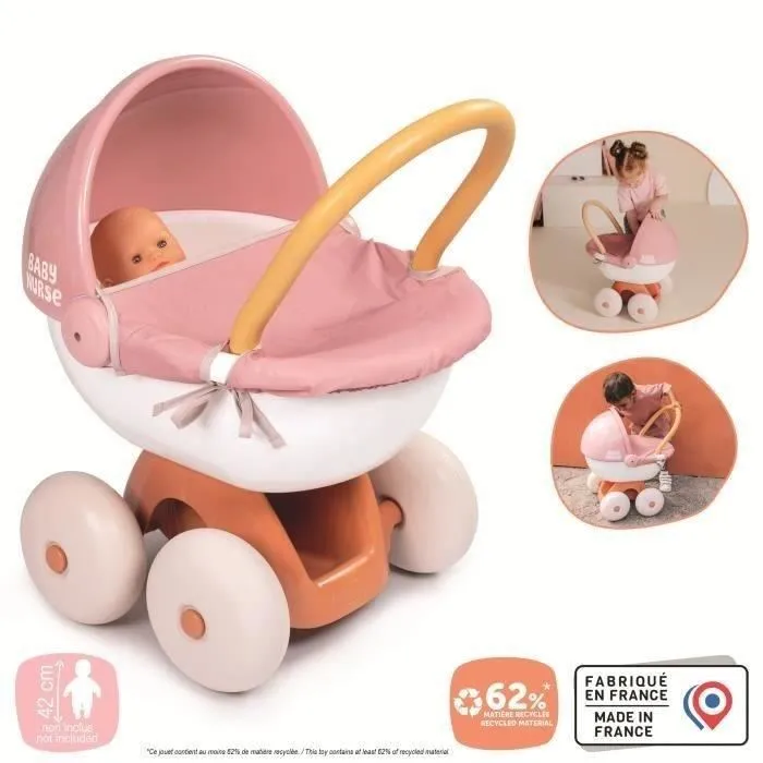 Smoby - Landau câlin Baby Nurse pour poupon, poussette jouet avec rangement et housse lavable, pour enfant dès 18 mois (42 cm)