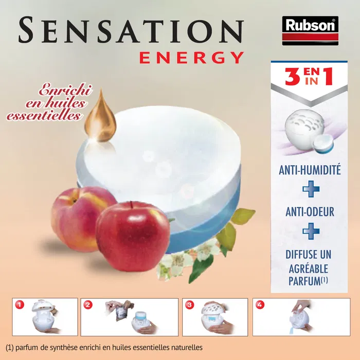 Rubson SENSATION 3en1 Aroma Energy Fruit Recharge pour absorbeur d'humidité, Lot de 2, Lutte contre les mauvaises odeurs et les acariens