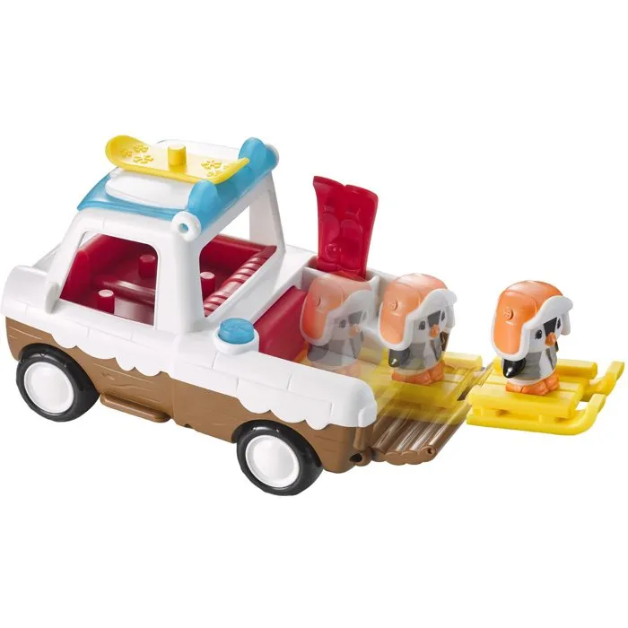 Sophie La Girafe Véhicule Klorofil Pick-up Glacé avec toit ouvrant, coffre articulé et flocon pop-up éjectant skis, luge ou snowboard. Inclus Enzo le pingouin et 3 accessoires.