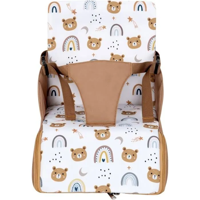 Tineo Rehausseur de Siège Bébé Nomade Ultra Compact avec Harnais 3 Points et Rangement - 30 x 28 x 13 cm - Camel / Oursons