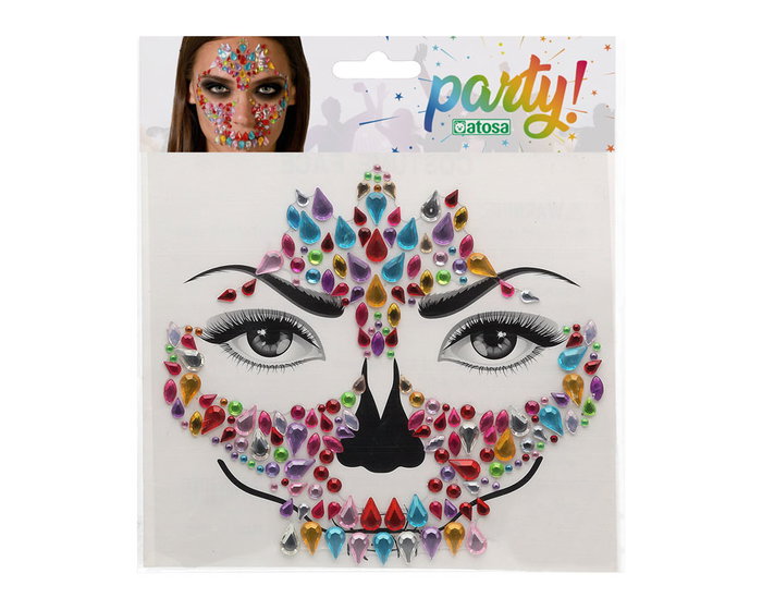 Joyeuses joyaux faciaux adhésifs crâne multicolores Dia de los Muertos pour Halloween et festivals