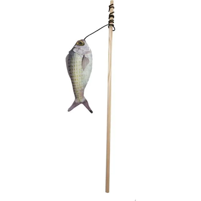 AIMÉ Canne à pêche Jouet pour Chat avec Poisson et Stick en Bois - Jouet Interactif Stimulant 15 cm, Papier Bruissant et Herbe à Chat