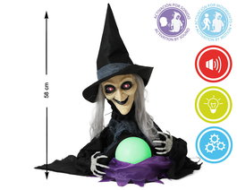 Statue Animée Halloween Sorcière avec Chapeau Noir, Cheveux Gris et Boule de Cristal Lumineuse avec Son et Lumière - Décoration Effrayante avec Détecteur de Mouvement