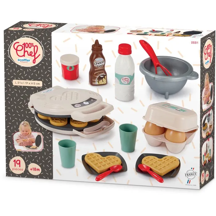 Ecoiffier Jeu d'imitation Gaufrier avec Accessoires - Dès 18 mois - Gaufres, Confiture, Chocolat, Fouet, Œufs et Lait pour Goûters Créatifs