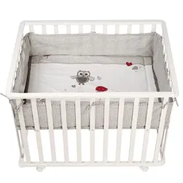 Roba Parc bébé pliable 100 x 75 cm, avec tapis d'éveil imprimé Adam et Eule Chouette, barres plates, hauteur réglable 3 positions, 4 roues, blanc