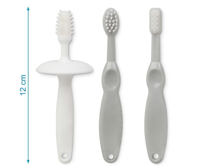 KioKids Set de Démarrage pour Hygiène Bucco-Dentaire des Bébés - Géogris, 3 Cepillos de Silicona et Nylon, pour Enfants dès 0 Mois