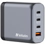 Verbatim Chargeur mural GaN 140W 4 ports avec 2x USB-C PD 140W, 1x USB-C PD 20W, 1x USB-A QC 3.0 - Fiches EU/UK/US interchangeables