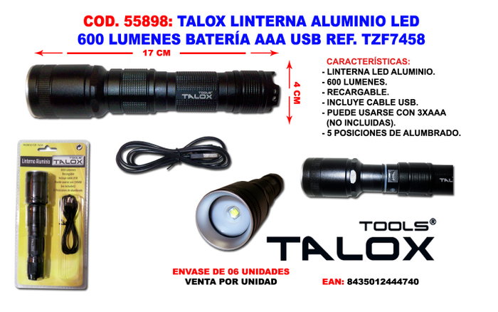 TALOX Lampe de poche rechargeable en aluminium LED 600 lumens TZF7458 TALOX Lampe de poche rechargeable en aluminium LED 600 lumens TZF7458