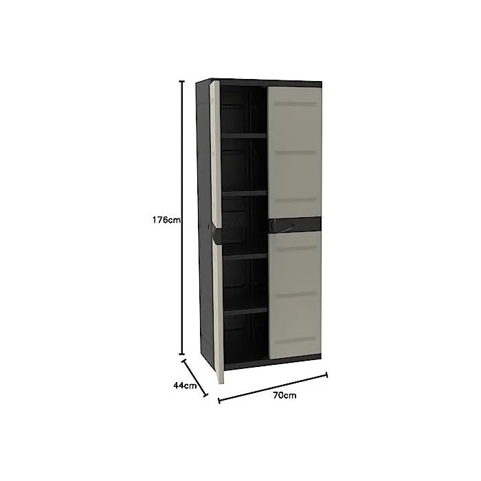 Plastiken Armoire de rangement Titanium avec 2 portes et 4 étagères - 70 x 44 x 176 cm (LxPxH) - Beige et Noir - Résine recyclable pour intérieur/extérieur