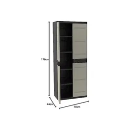 Plastiken Armoire de rangement Titanium avec 2 portes et 4 étagères - 70 x 44 x 176 cm (LxPxH) - Beige et Noir - Résine recyclable pour intérieur/extérieur