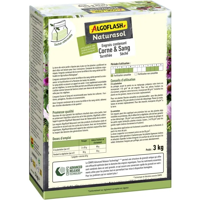 Algoflash Naturasol Engrais Corne torréfiée sang séché - 3 kg Algoflash Naturasol Engrais Corne torréfiée sang séché - 3 kg