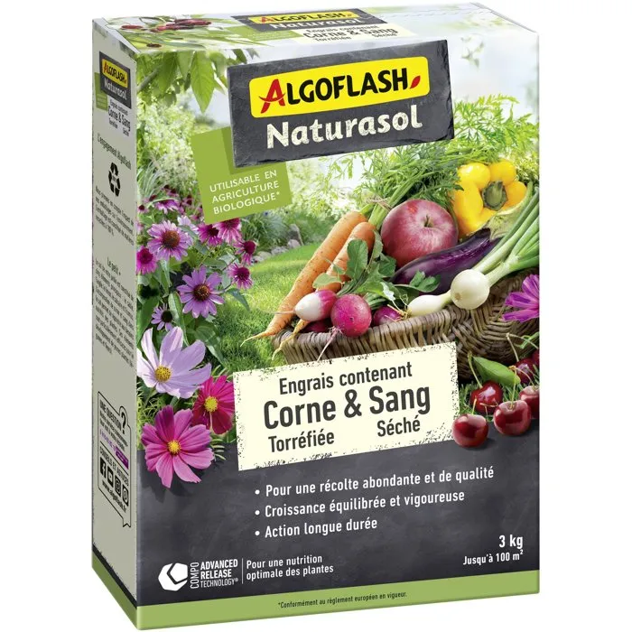 Algoflash Naturasol Engrais Corne torréfiée sang séché - 3 kg Algoflash Naturasol Engrais Corne torréfiée sang séché - 3 kg