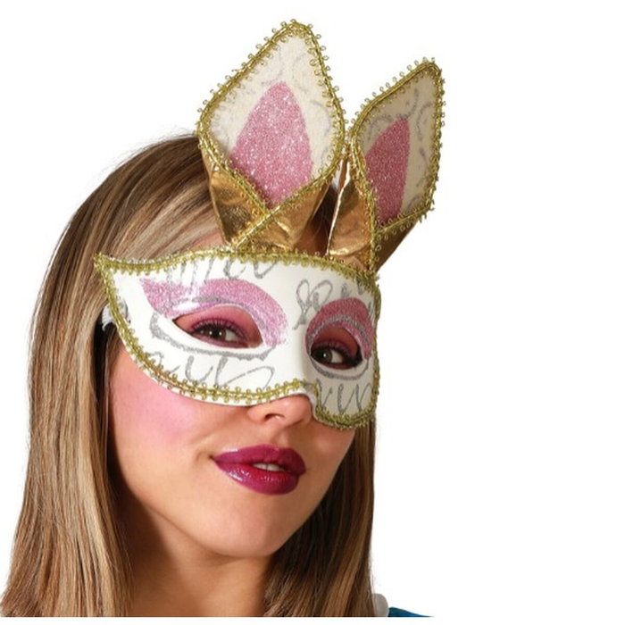 BigBuy Carnival Masque Lapin Doré avec Oreilles et Détails Roses