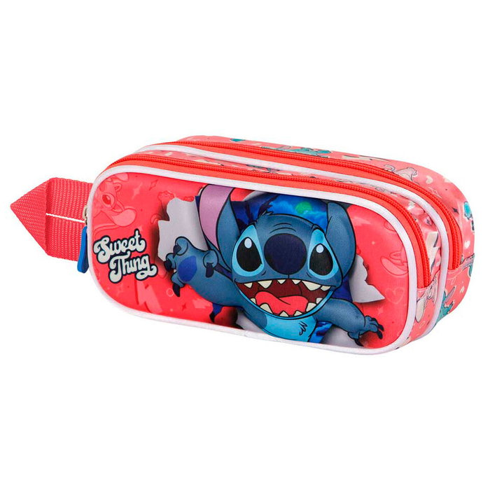 KARACTERMANIA Coffret à crayons Stitch Disney double compartiment avec fermeture éclair et relief 3D, 9,5x22x8cm, fourré intérieur