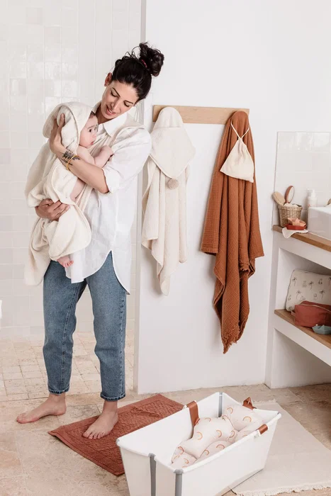 Candide Drap de bain XXL Parent/Bébé - Cape et Tablier 2-en-1 avec Capuche - Taille 100x100 cm - Couleur Écru