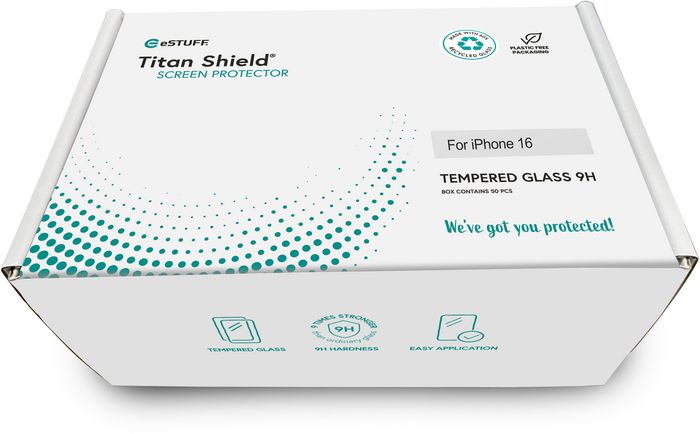 eSTUFF Titan Shield® INFINITE Protecteur d'écran complet pour iPhone 16, Pack de 50 pcs