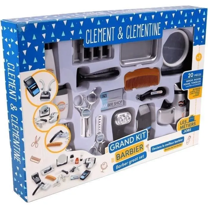 Clément Clémentine - Set Coiffeur Barbier, Jeu d'imitation avec Sèche-Cheveux, Tondeuse et Rasoirs - Jouet sans Piles pour Enfant dès 3 ans