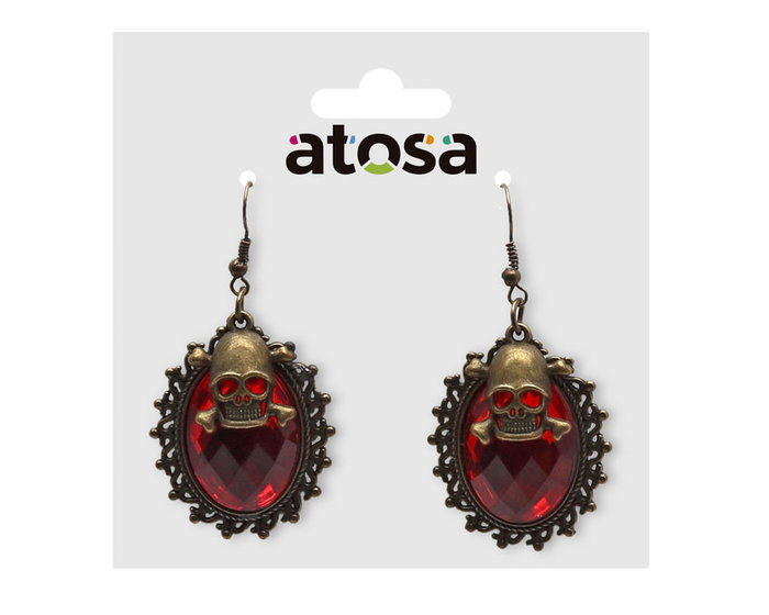 Atosa Boucles d'oreilles pirate rouge femme adulte avec crâne en bronze