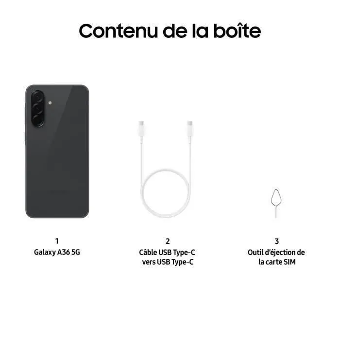 Samsung Galaxy A36 5G - Smartphone 128 Go Noir - Ecran Super AMOLED 6,7" 120Hz, Appareil photo 50MP, Charge rapide 45W Samsung Galaxy A36 5G - Smartphone 128 Go Noir - Ecran Super AMOLED 6,7" 120Hz, Appareil photo 50MP, Charge rapide 45W