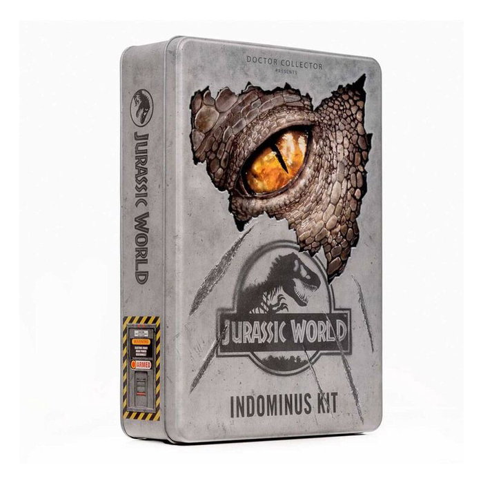 DOCTOR COLLECTOR - Kit Collecteur Indominus Jurassic World : Caisse Métallique XL, Livre Guide Officiel, Accessoires Exclusifs et Pièces Commémoratives