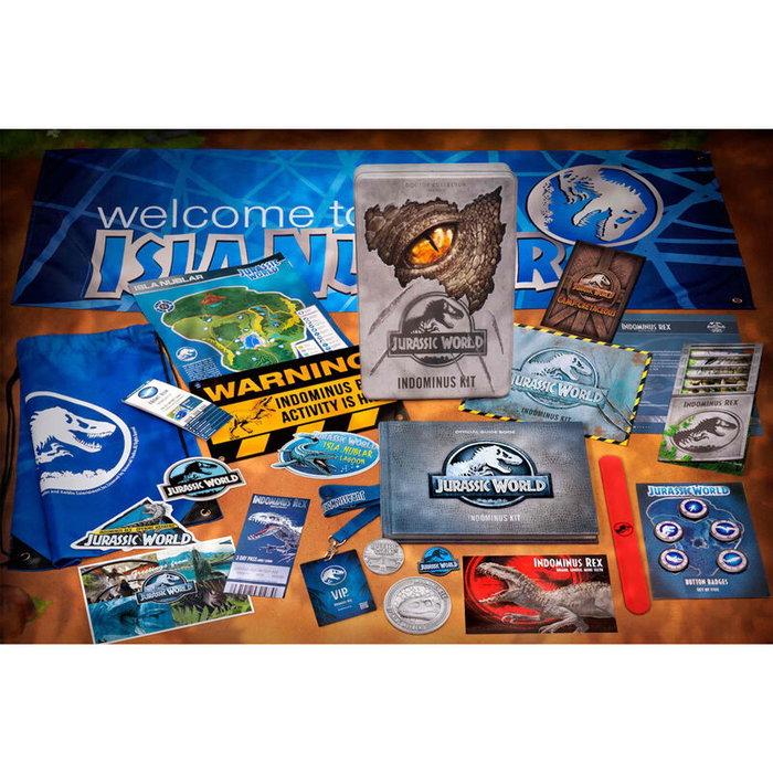 DOCTOR COLLECTOR - Kit Collecteur Indominus Jurassic World : Caisse Métallique XL, Livre Guide Officiel, Accessoires Exclusifs et Pièces Commémoratives