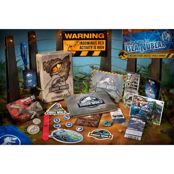 DOCTOR COLLECTOR - Kit Collecteur Indominus Jurassic World : Caisse Métallique XL, Livre Guide Officiel, Accessoires Exclusifs et Pièces Commémoratives