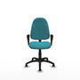 Chaise de bureau Algarra avec mécanisme de contact permanent de base, recouverte de tissu turquoise. Équipée d'une base en polyamide noir, d'accoudoirs fixes et de butées