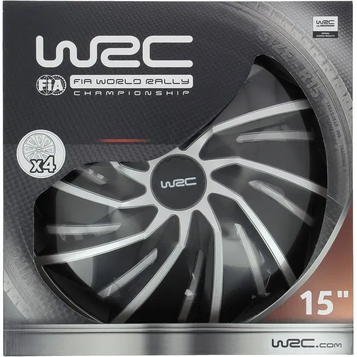 WRC - Lot de 4 enjoliveurs 15 pouces, couleur gris et noir, fixation par clips rapide, design racing, en ABS métallisé verni