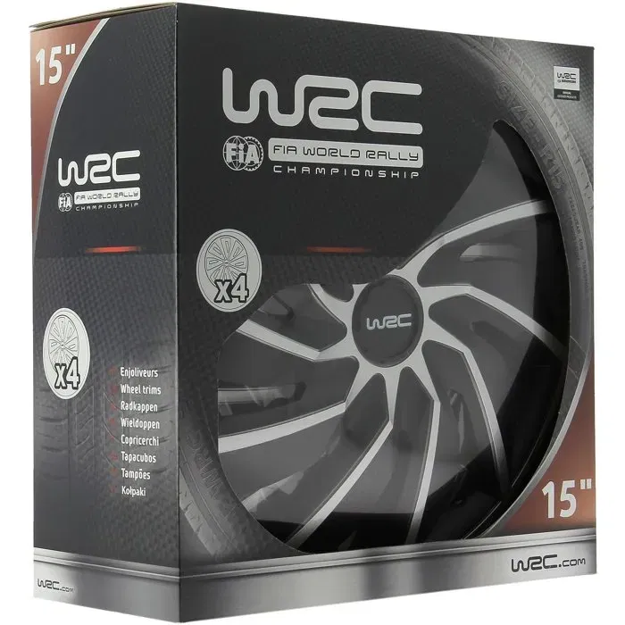 WRC - Lot de 4 enjoliveurs 15 pouces, couleur gris et noir, fixation par clips rapide, design racing, en ABS métallisé verni