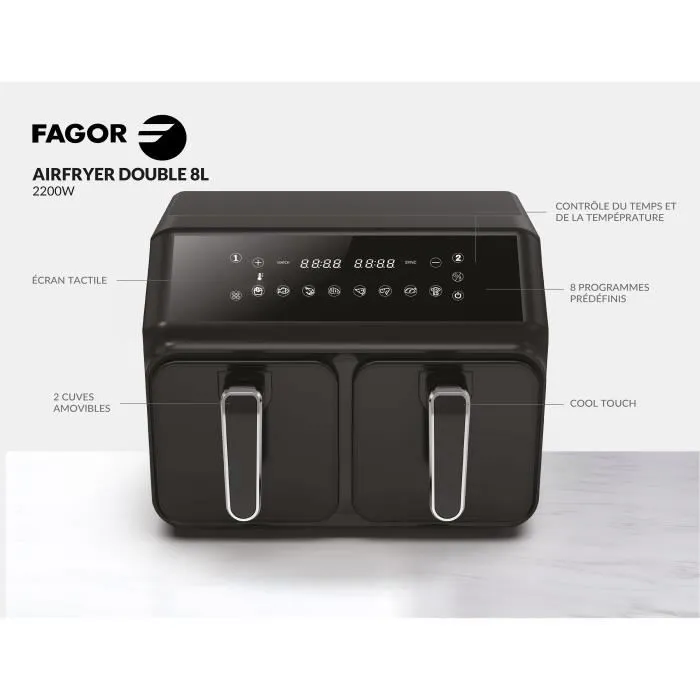 FAGOR Airfryer FG2X4L - Friteuse sans huile double cuisson, 2 cuves de 4L (8L total), 2200W, 10 programmes, cuves lavables au lave-vaisselle