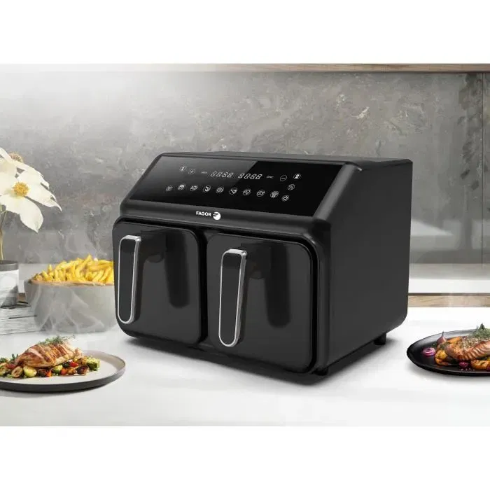 FAGOR Airfryer FG2X4L - Friteuse sans huile double cuisson, 2 cuves de 4L (8L total), 2200W, 10 programmes, cuves lavables au lave-vaisselle