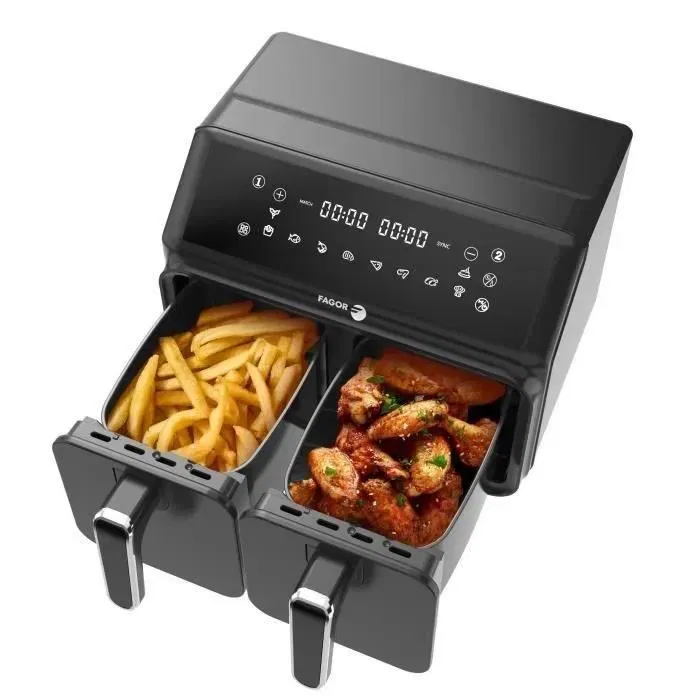 FAGOR Airfryer FG2X4L - Friteuse sans huile double cuisson, 2 cuves de 4L (8L total), 2200W, 10 programmes, cuves lavables au lave-vaisselle