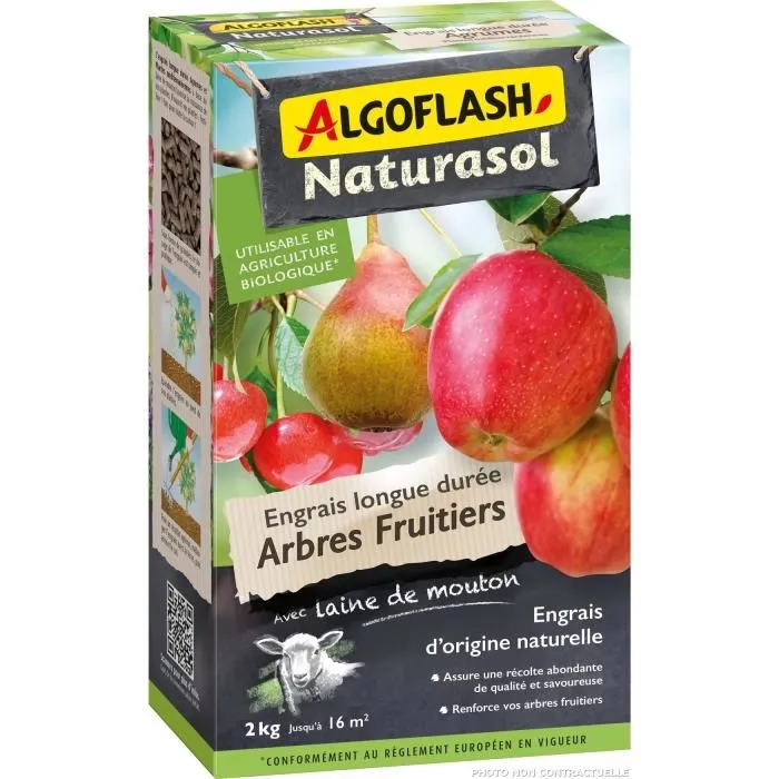 Algoflash Naturasol Engrais longue durée Arbres fruitiers - Action 5 mois, base de laine de mouton 50%, produit naturel et AB, 2 kg
