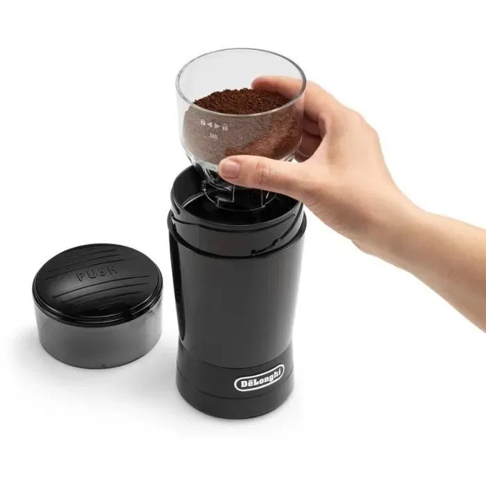 Delonghi KG200 Moulin à Café Électrique Noir 170 W avec Technologie Push to Grind, Capacité 90 g de Grains, Bac Amovible et Brosse de Nettoyage Incluse