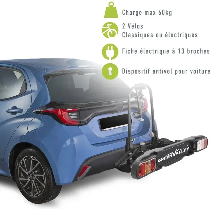 Green Valley Disco - Porte-vélos voiture sur attelage pour 2 vélos, VAE compatible, système antivol, 60 kg max