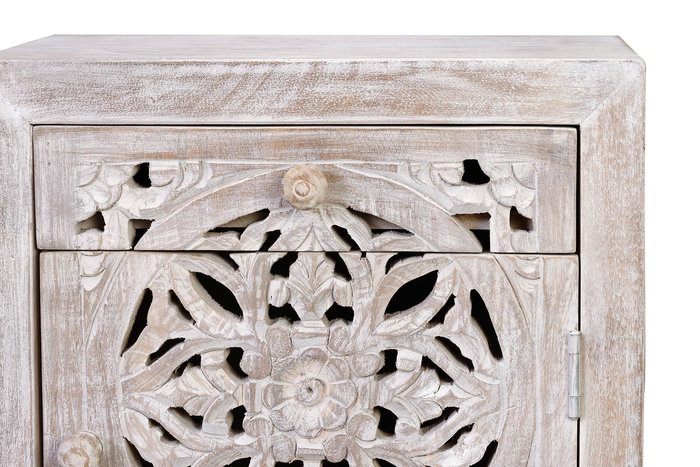 GINER Y COLOMER - Table de chevet ou table d'appoint avec 1 porte et 1 tiroir en bois de manguier massif et pieds métal, finition blanc vieilli et gris, 56 x 40 x 35 cm