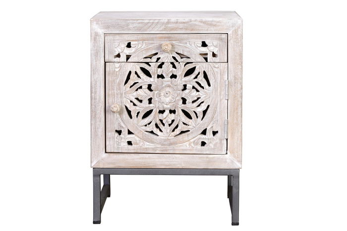 GINER Y COLOMER - Table de chevet ou table d'appoint avec 1 porte et 1 tiroir en bois de manguier massif et pieds métal, finition blanc vieilli et gris, 56 x 40 x 35 cm