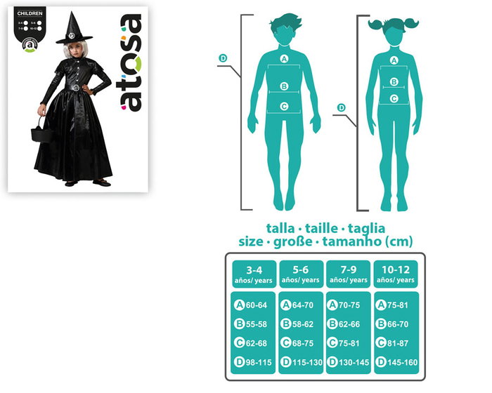 atosa Déguisement de sorcière noire longue avec chapeau pour fille