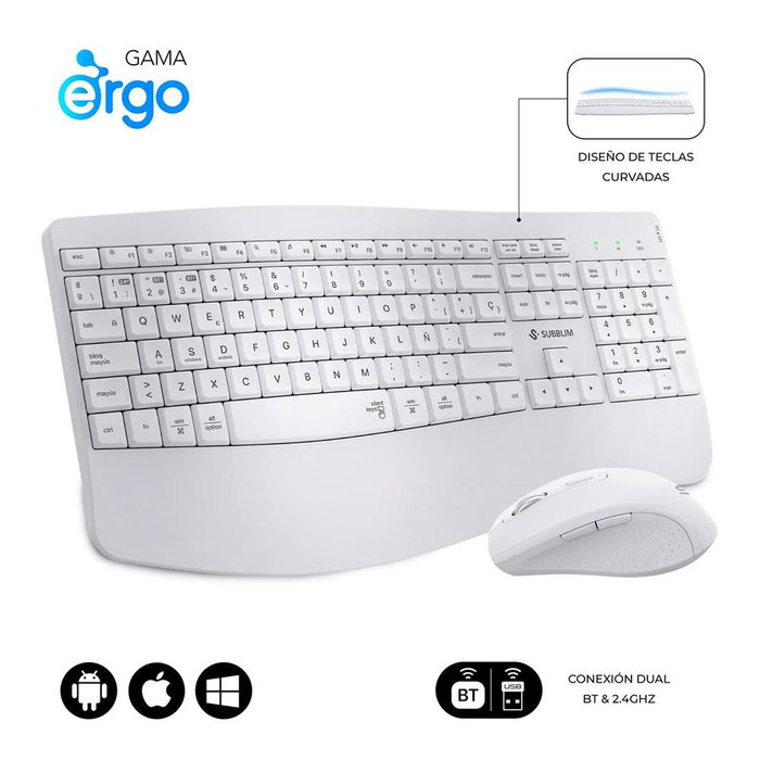Subblim Combo Dual Office Prowave White Clavier + Souris sans Fil Bluetooth USB QWERTY Espagnol Blanc Subblim Combo Dual Office Prowave White Clavier + Souris sans Fil Bluetooth USB QWERTY Espagnol Blanc