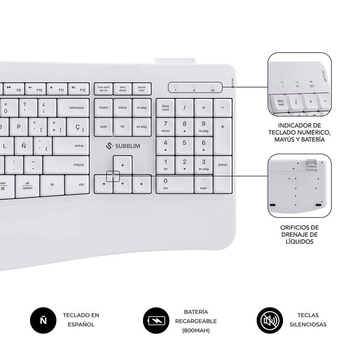 Subblim Combo Dual Office Prowave White Clavier + Souris sans Fil Bluetooth USB QWERTY Espagnol Blanc Subblim Combo Dual Office Prowave White Clavier + Souris sans Fil Bluetooth USB QWERTY Espagnol Blanc