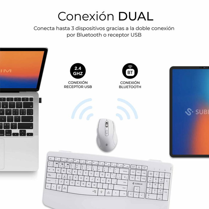 Subblim Combo Dual Office Prowave White Clavier + Souris sans Fil Bluetooth USB QWERTY Espagnol Blanc Subblim Combo Dual Office Prowave White Clavier + Souris sans Fil Bluetooth USB QWERTY Espagnol Blanc