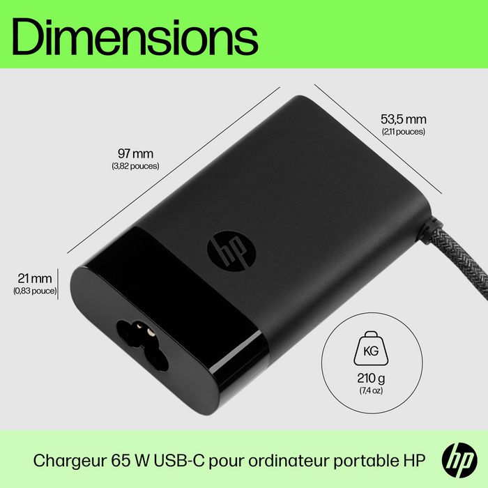 HP Chargeur USB-C 65 W pour ordinateur portable, tablette et smartphone, Compact et léger avec alimentation intelligente