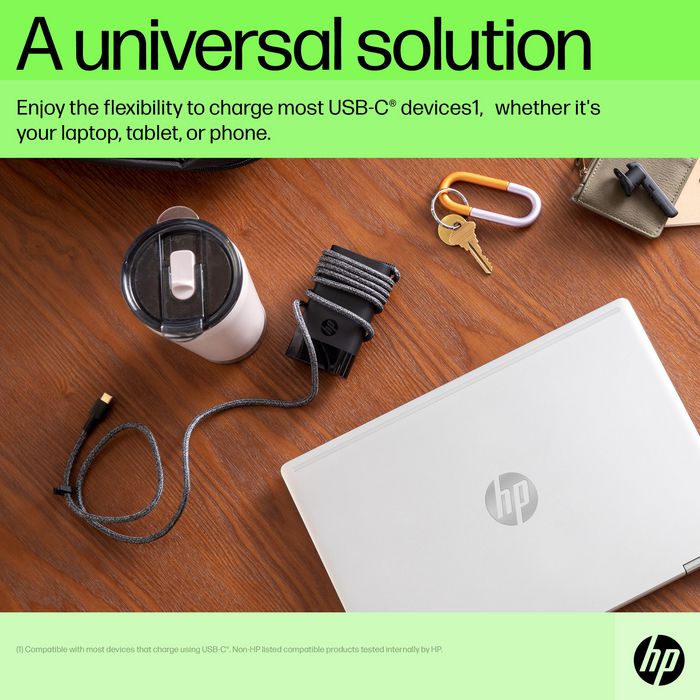 HP Chargeur USB-C 65 W pour ordinateur portable, tablette et smartphone, Compact et léger avec alimentation intelligente