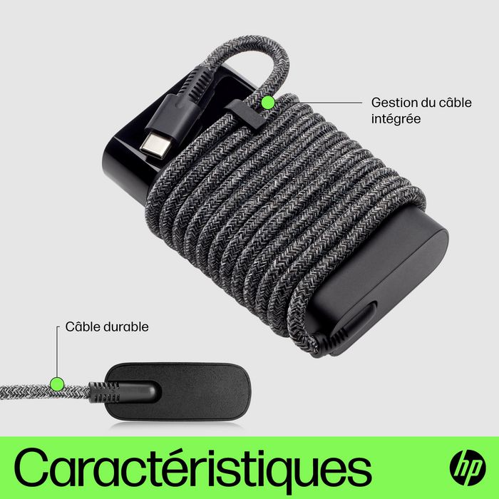 HP Chargeur USB-C 65 W pour ordinateur portable, tablette et smartphone, Compact et léger avec alimentation intelligente